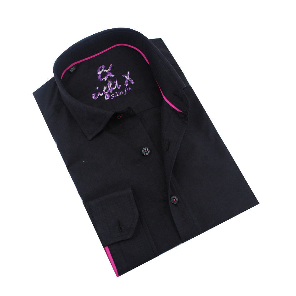 Black on Black Jacquard w/Pink Trim Button Down Shirt Long Sleeve Button Down Eight-X BLACK S 