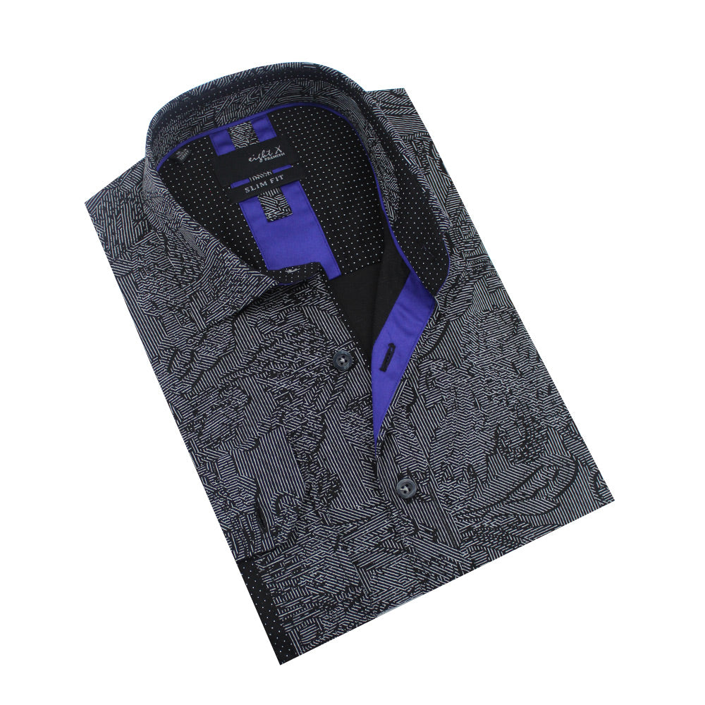 Folded black button-up with striped garden print.