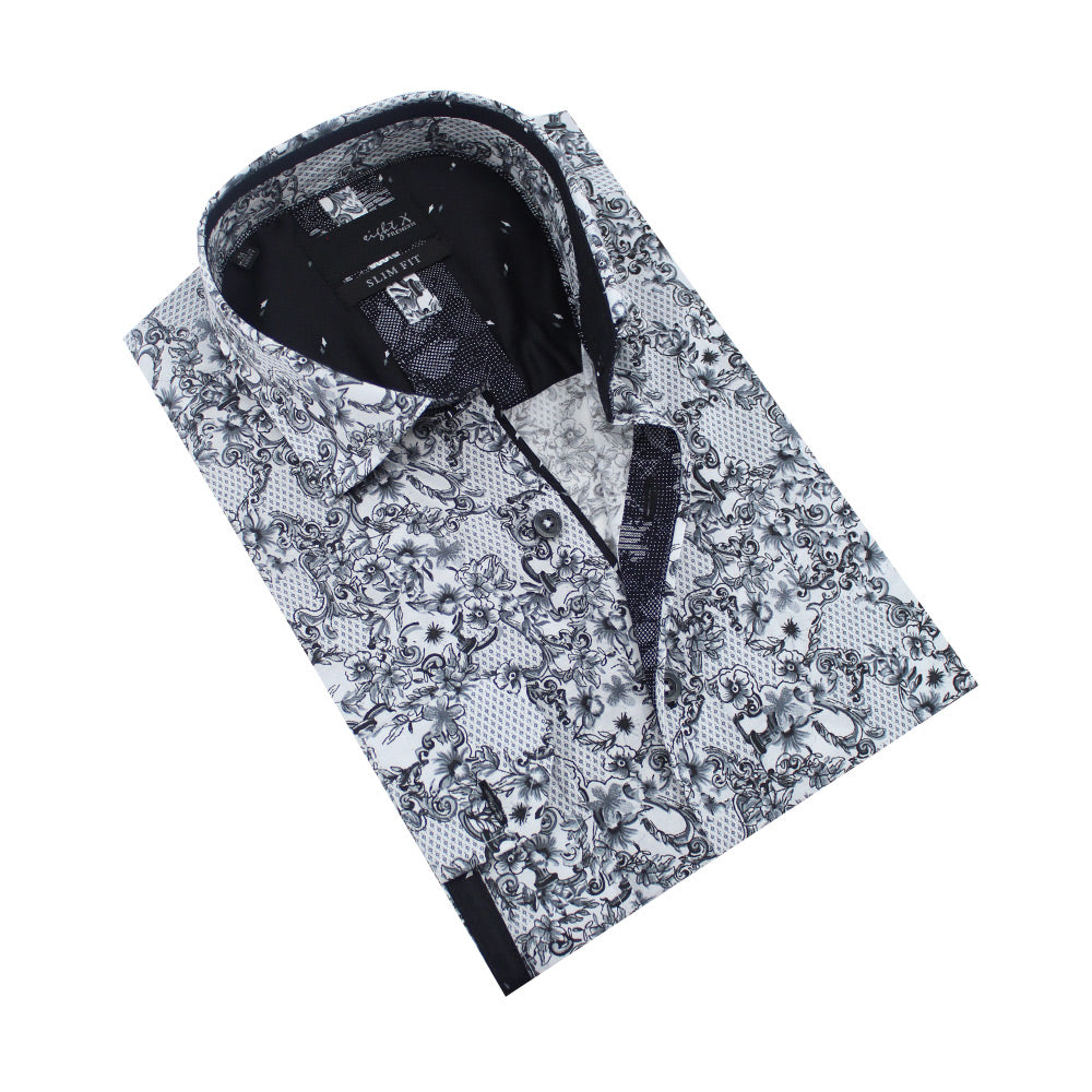 Folded button-up with grey-scale baroque floral print.