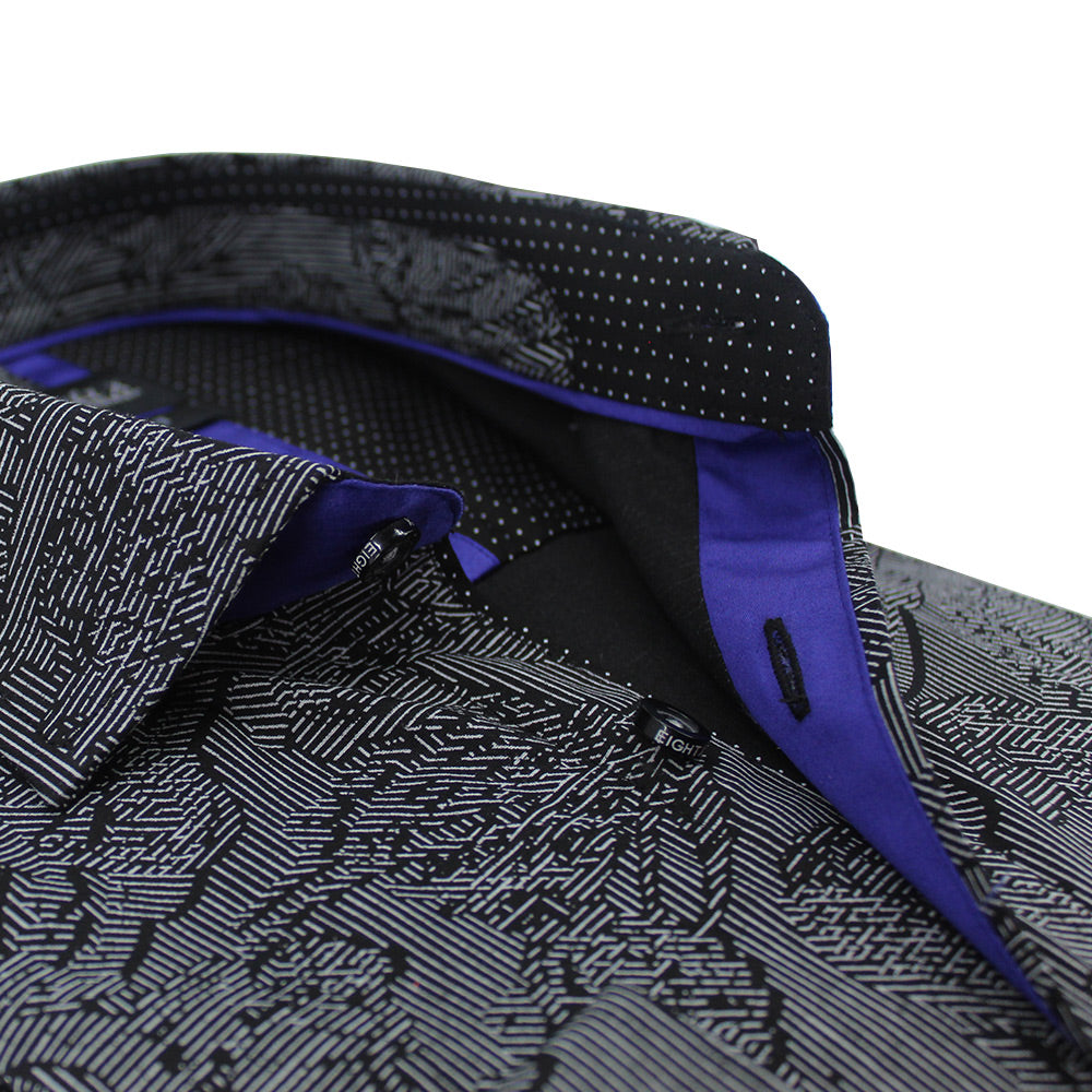 Close up of printed collar and royal blue trim.