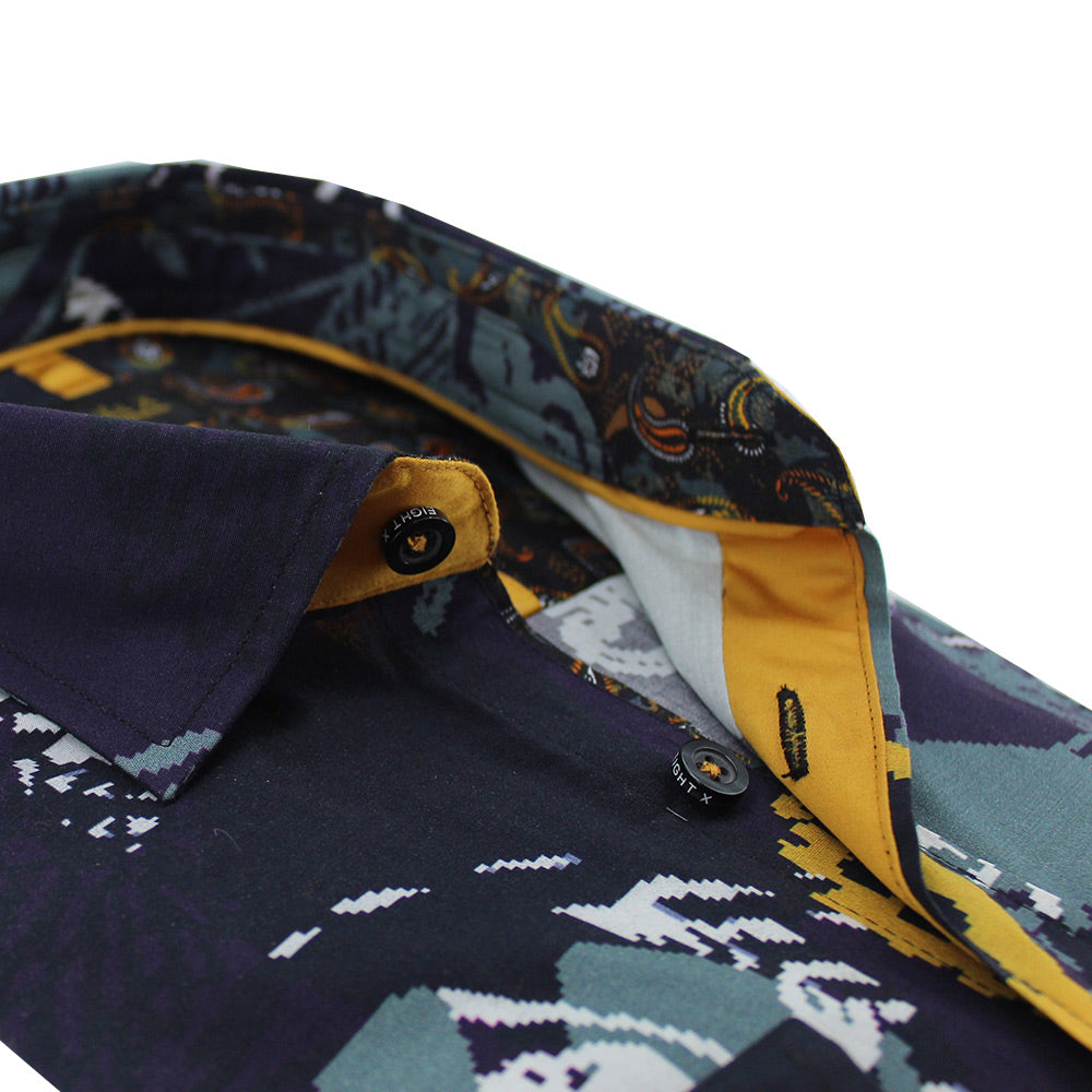 Close up of printed collar and gold trim.