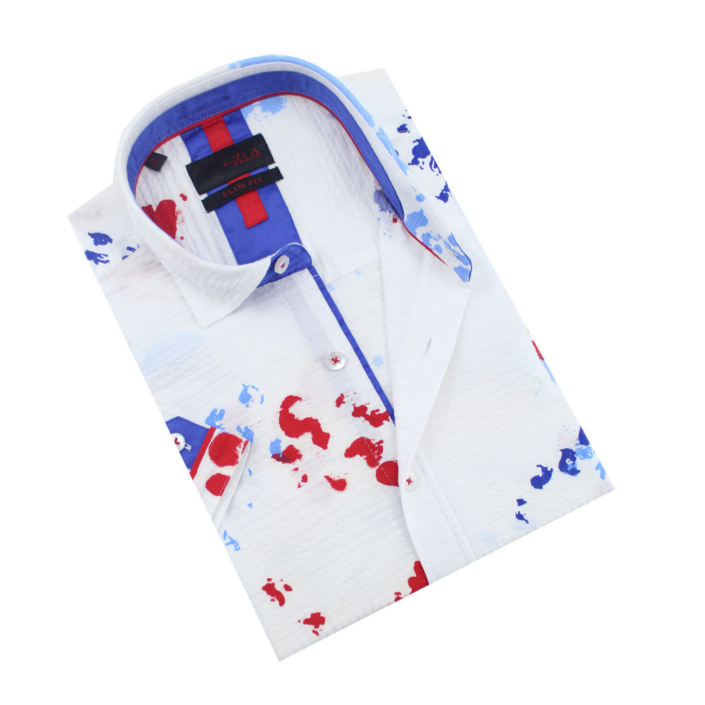 White short-sleeve seersucker button-up with red and blue ink spot design and blue trim.
