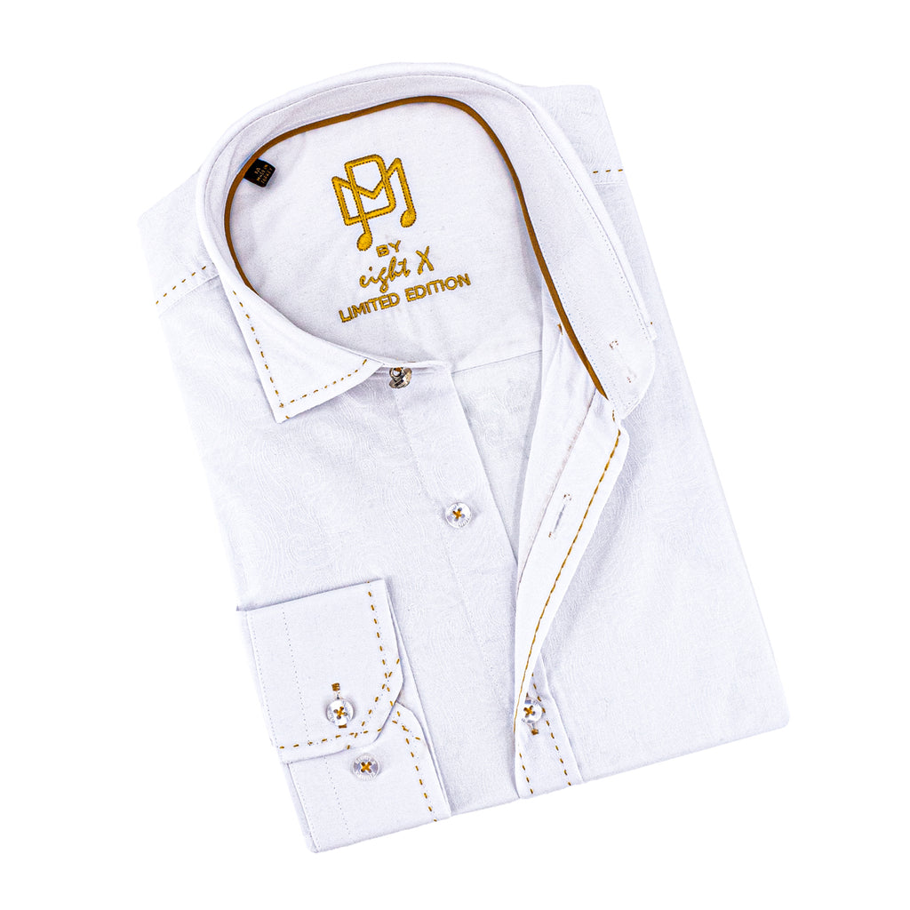 white shirt with gold stitching