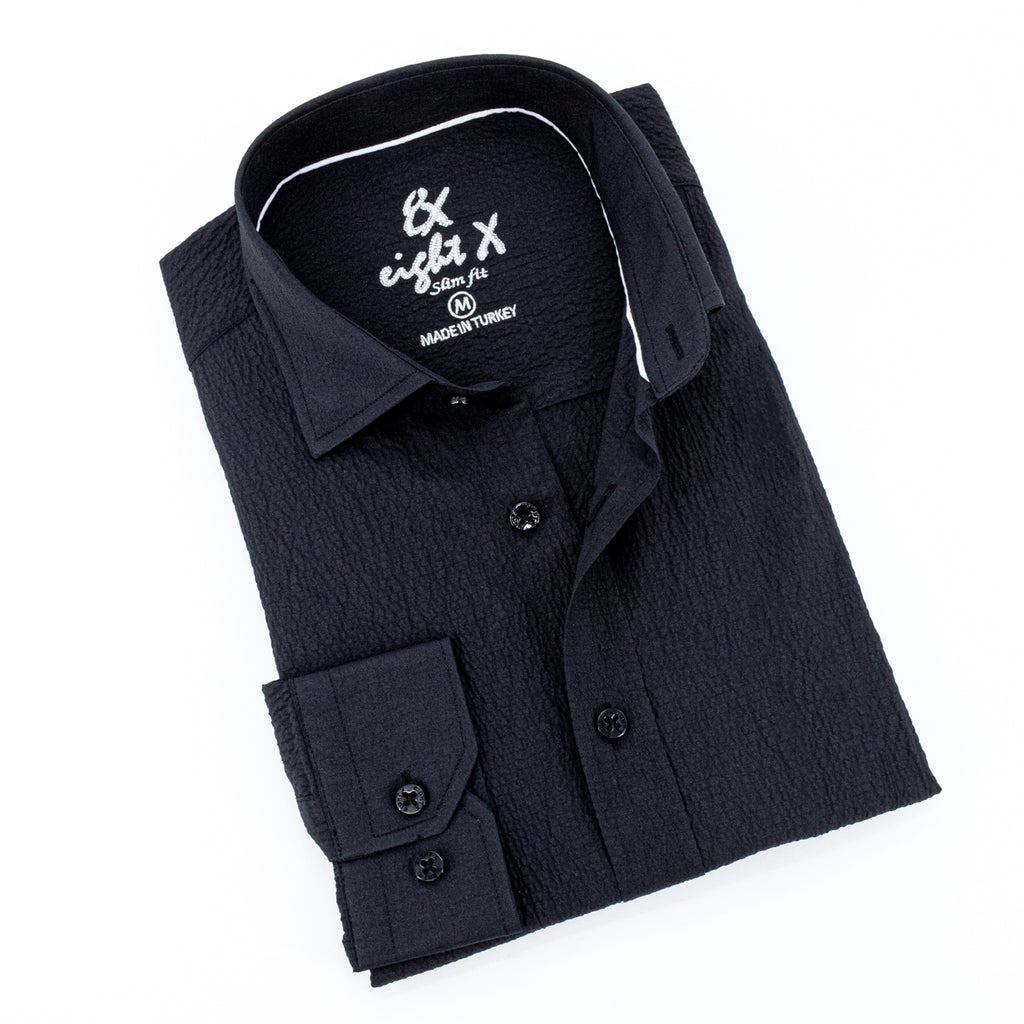 Seersucker Button Down Shirt - Black Long Sleeve Button Down EightX BLACK S 