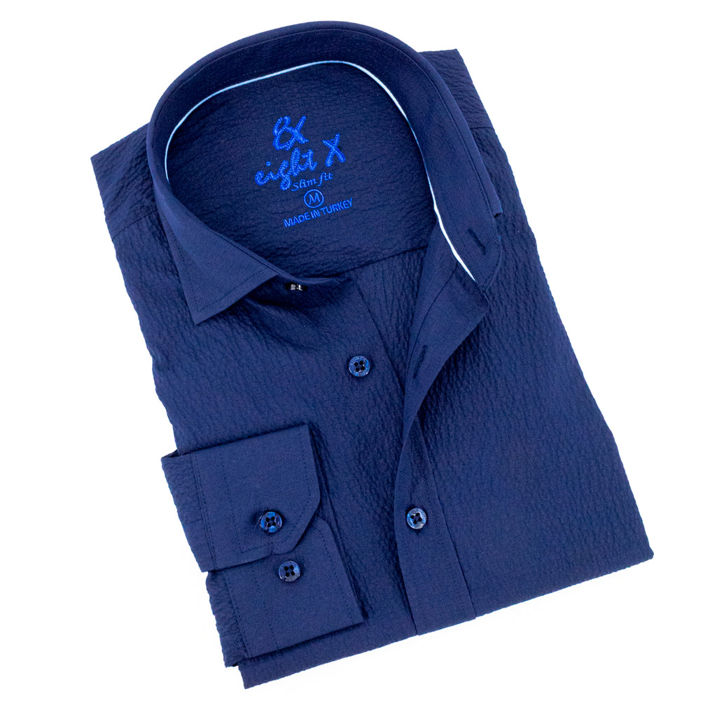 Seersucker Solid Button Down Shirt - Navy Long Sleeve Button Down EightX NAVY S 