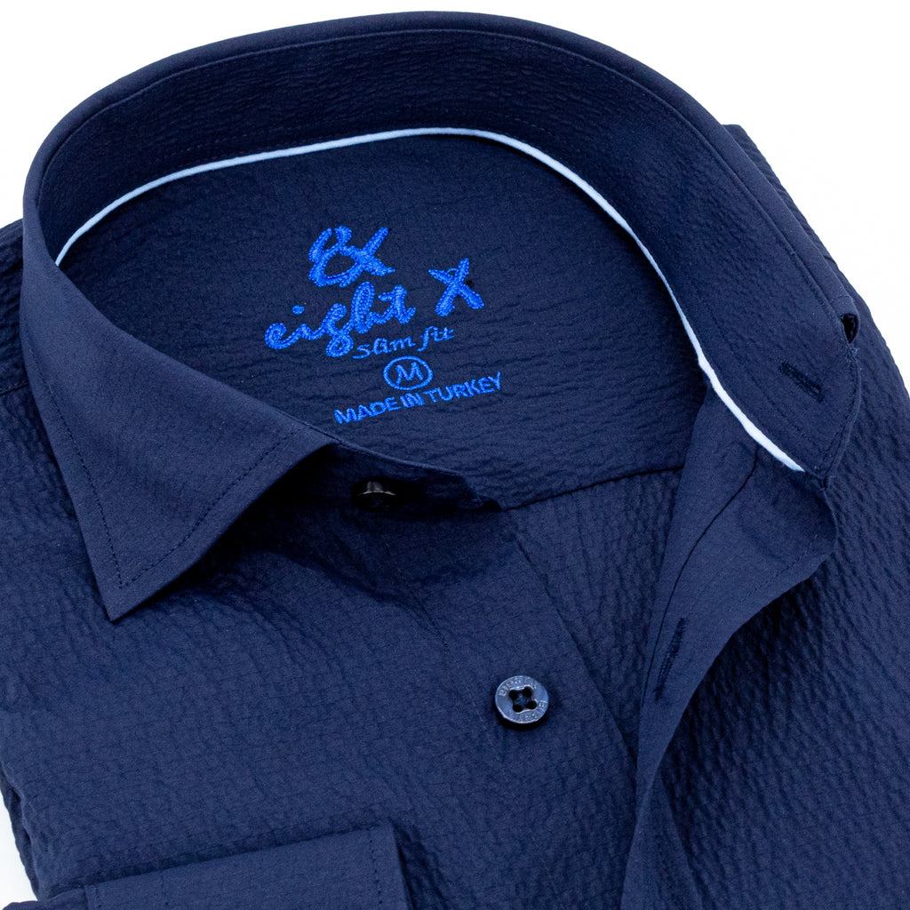 Seersucker Solid Button Down Shirt - Navy Long Sleeve Button Down EightX   
