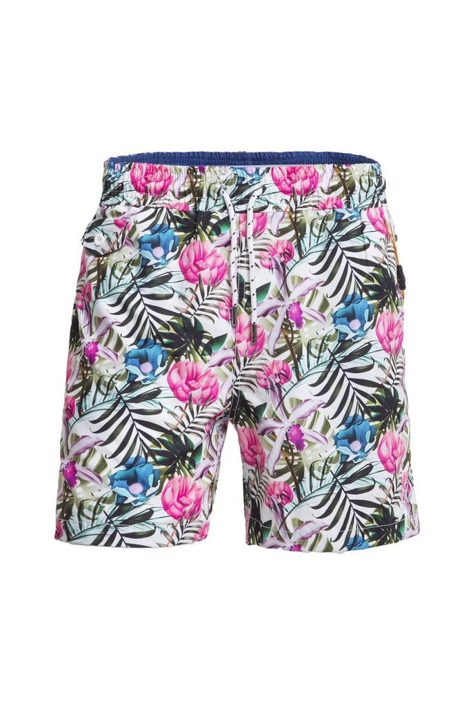 Tropical Flora Print Swim Trunks Swim Trunks EightX   