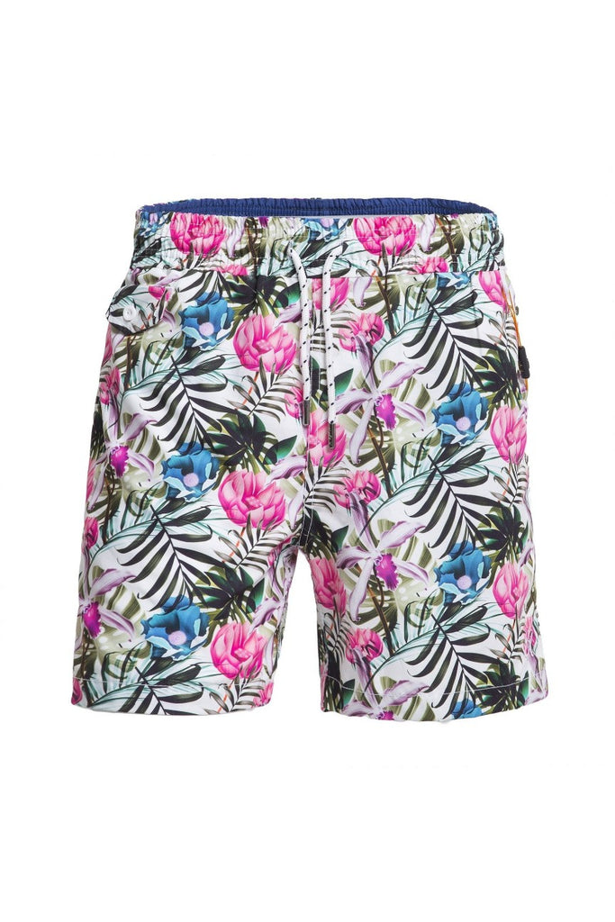 Men's white tropical floral print swim trunks