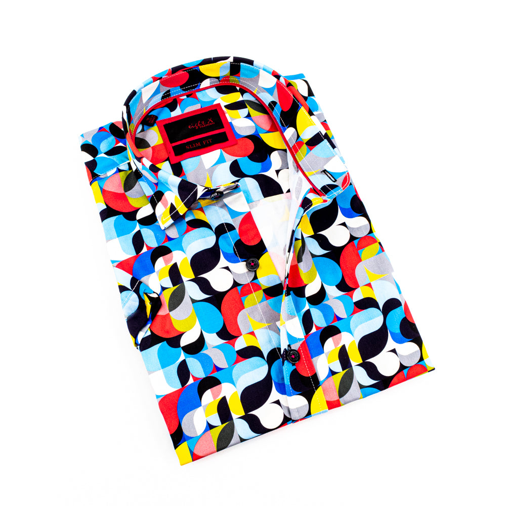 multi colored mens button down shirt with bold abstract art pattern, featuring blues, reds, yellow, black and white