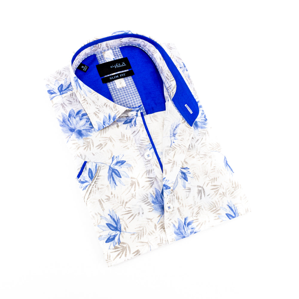 Men's white short-sleeve linen button-up with blue and beige floral pattern. Includes royal blue trim.