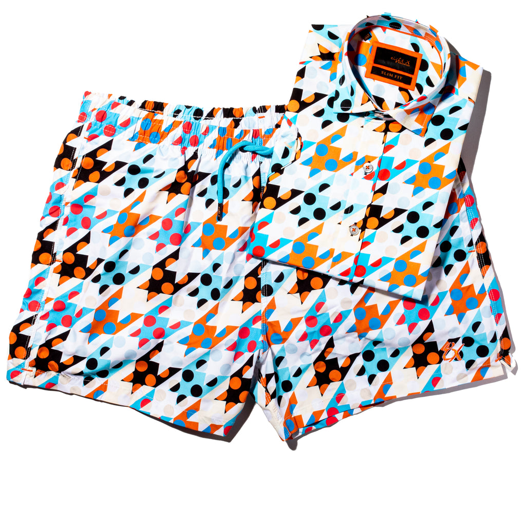 Classic Hound Print on Short Sleeve Shirt, Shown with the Matching Shorts. Classic Print with Vibrant Colors.