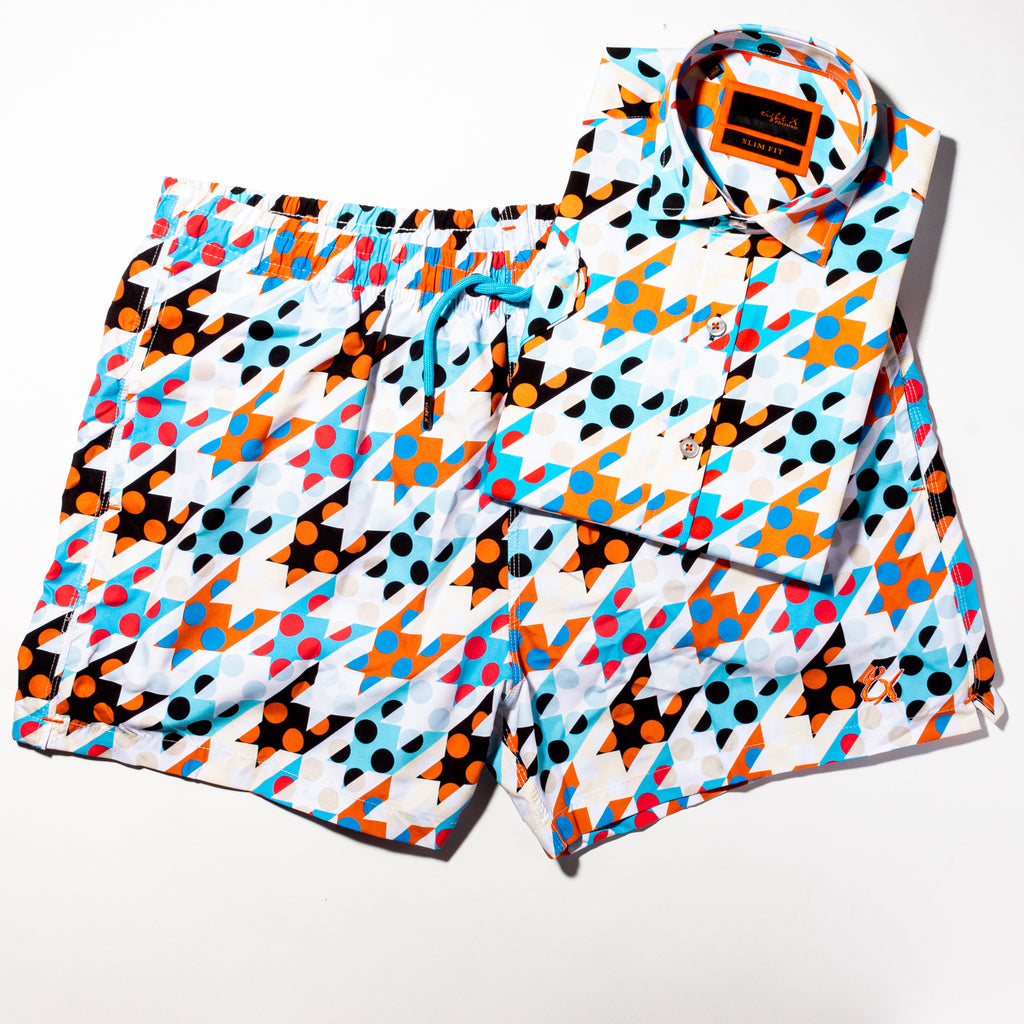 Flatlay of Summer Hound Swim Trunks and Matching Shirt.
