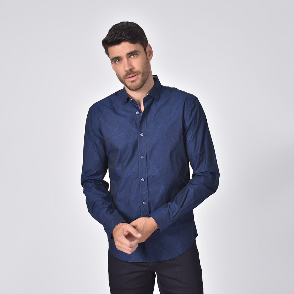 Retro Navy Jacquard Shirt With Contrasting Trim Long Sleeve Button Down EightX   