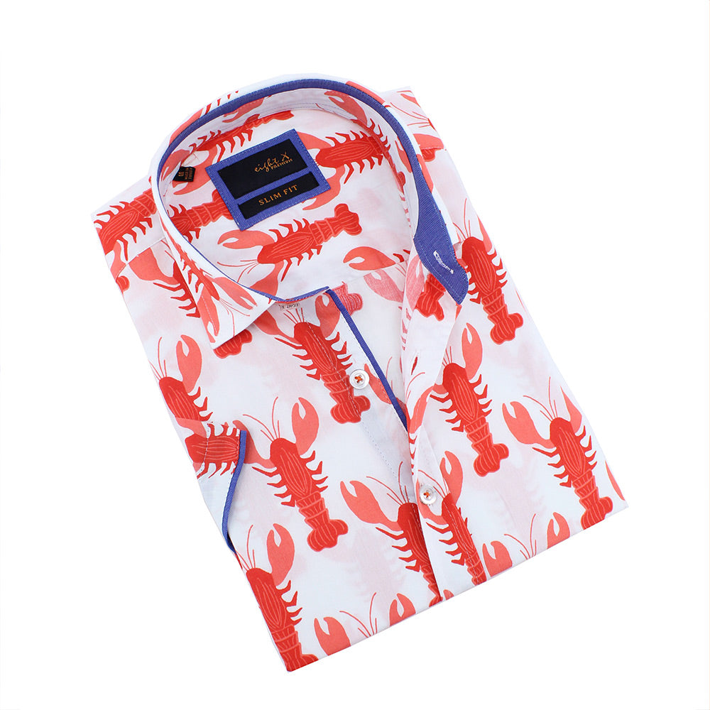 Lobster Print Short Sleeve Shirt Short Sleeve Button Down Eight-X WHITE S 