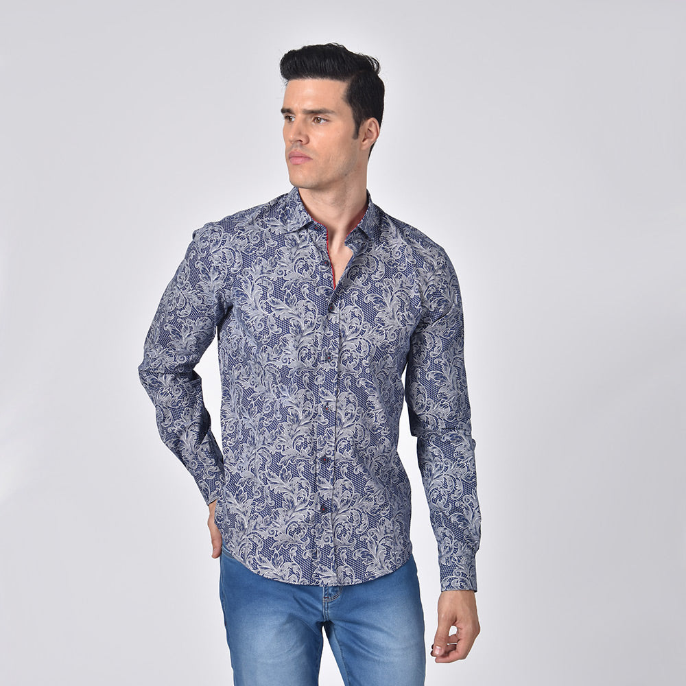 Demask Print Button Down Shirt in Navy Long Sleeve Button Down Eight-X   