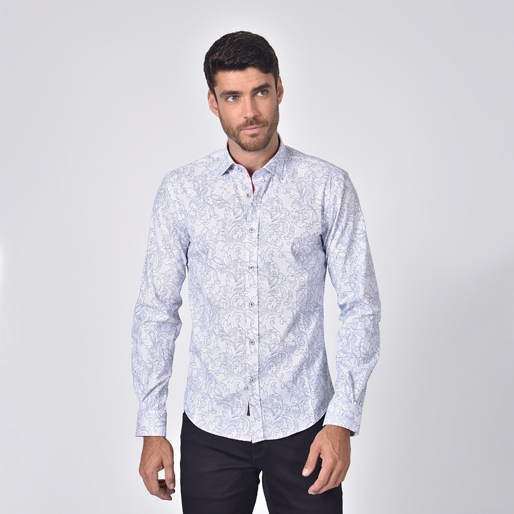Damask Print Button Down Shirt in White Long Sleeve Button Down Eight-X   