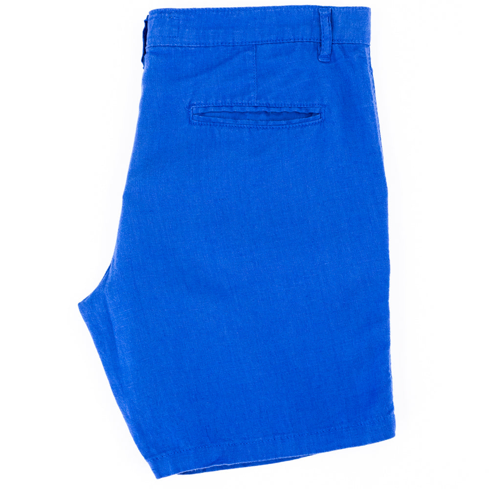 Folded blue linen shorts with back welt-pocket.