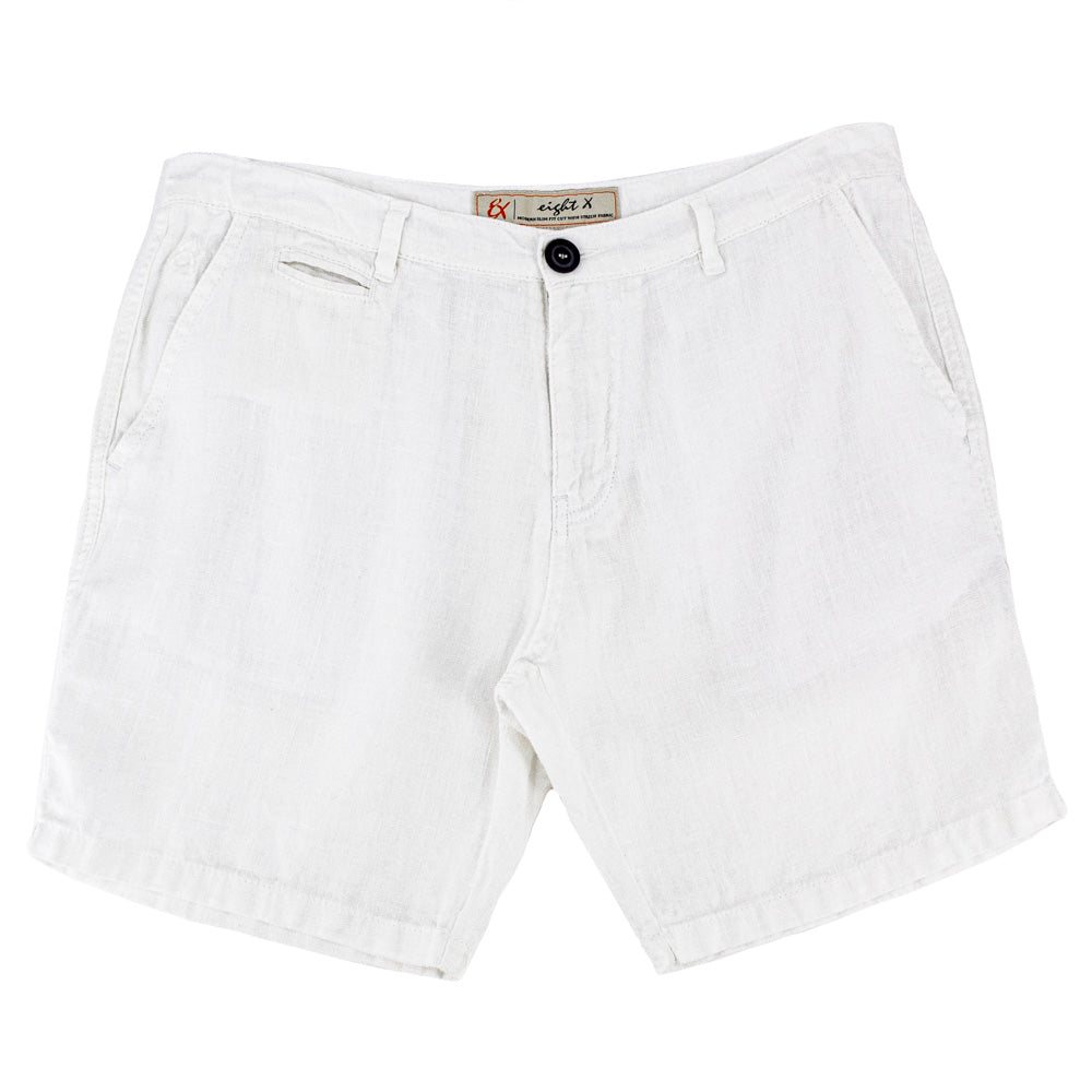 White Linen Shorts, Flat Lay View. One Welt Pocket, Two Slanted Pockets.