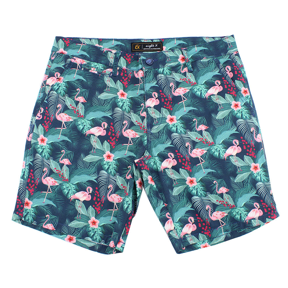 Green Flamingo Print Shorts Chino Shorts EightX   