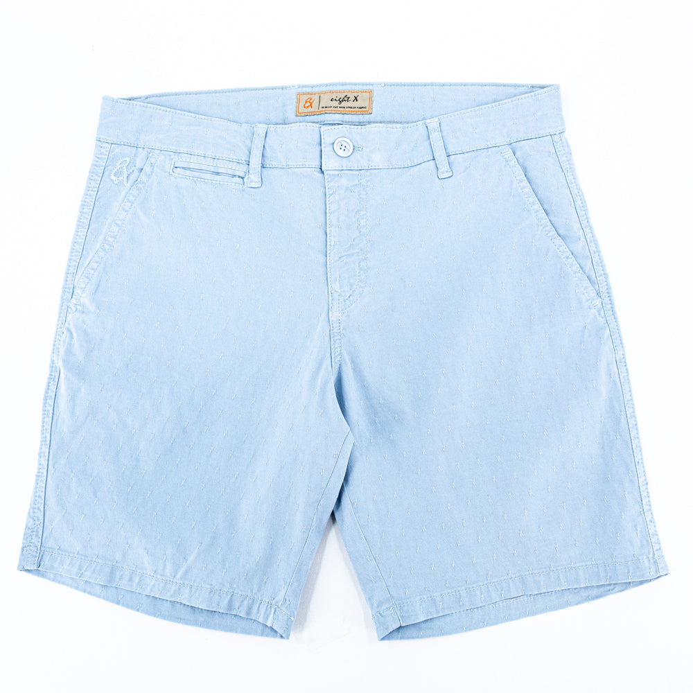 Light-blue jacquard shorts with two front slant-pockets; one front welt-pocket; and embroidered logo on front right pocket.