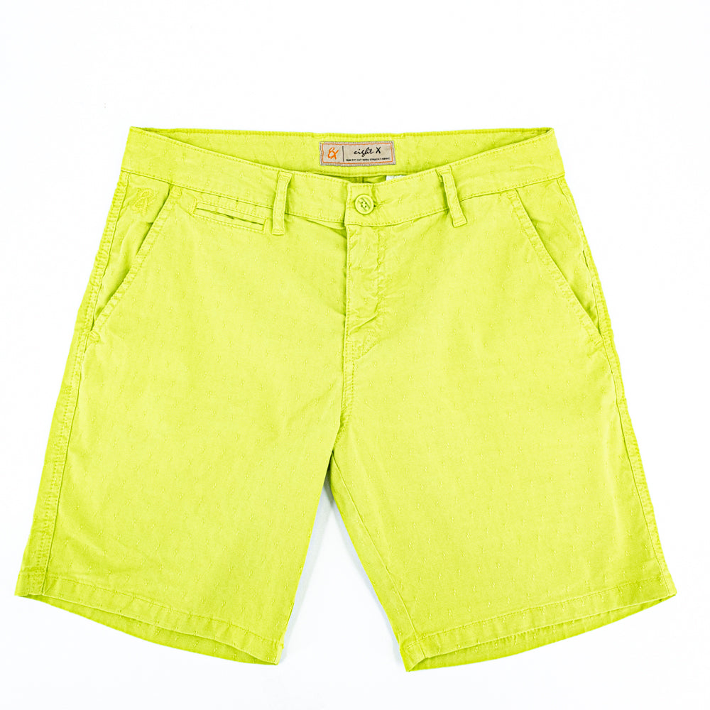 Bright-green jacquard shorts with two front slant-pockets; one front welt-pocket; and embroidered logo on front right pocket.