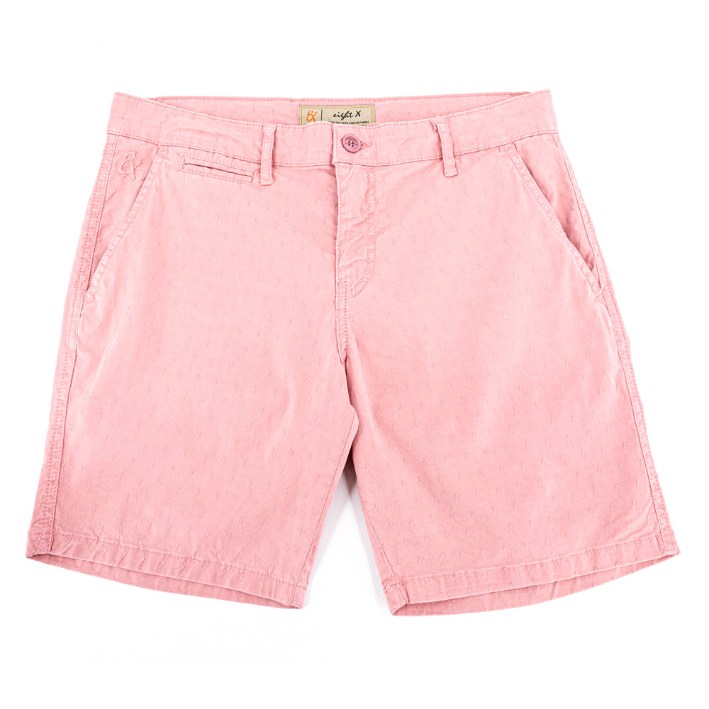 Light-pink jacquard shorts with two front slant-pockets; one front welt-pocket; and embroidered logo on front right pocket.