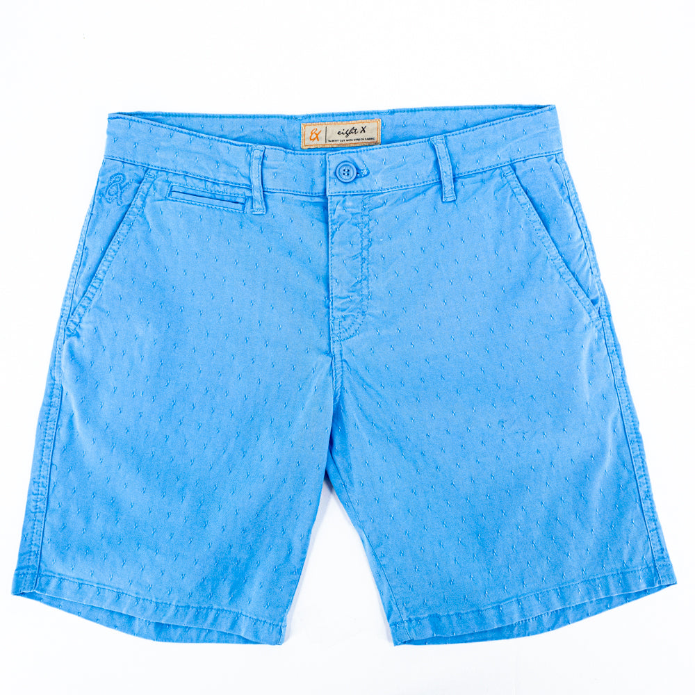 Turquoise jacquard shorts with two front slant-pockets; one front welt-pocket; and embroidered logo on front right pocket.