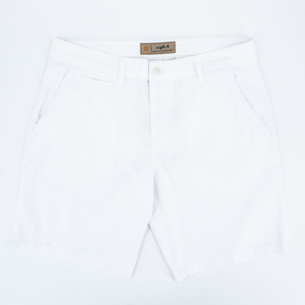 White jacquard shorts with two front slant-pockets; one front welt-pocket; and embroidered logo on front right pocket.