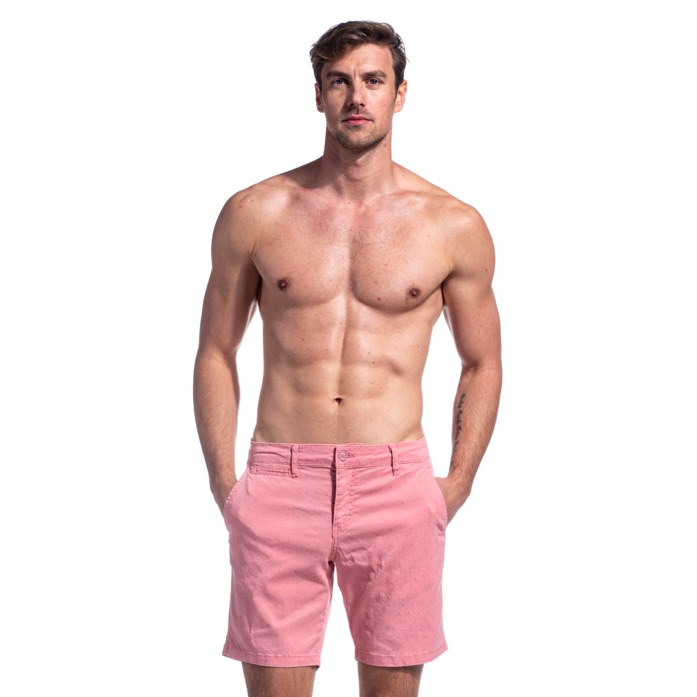 Model Wearing Pink, Slim Fit Shorts, Front Fly Showing