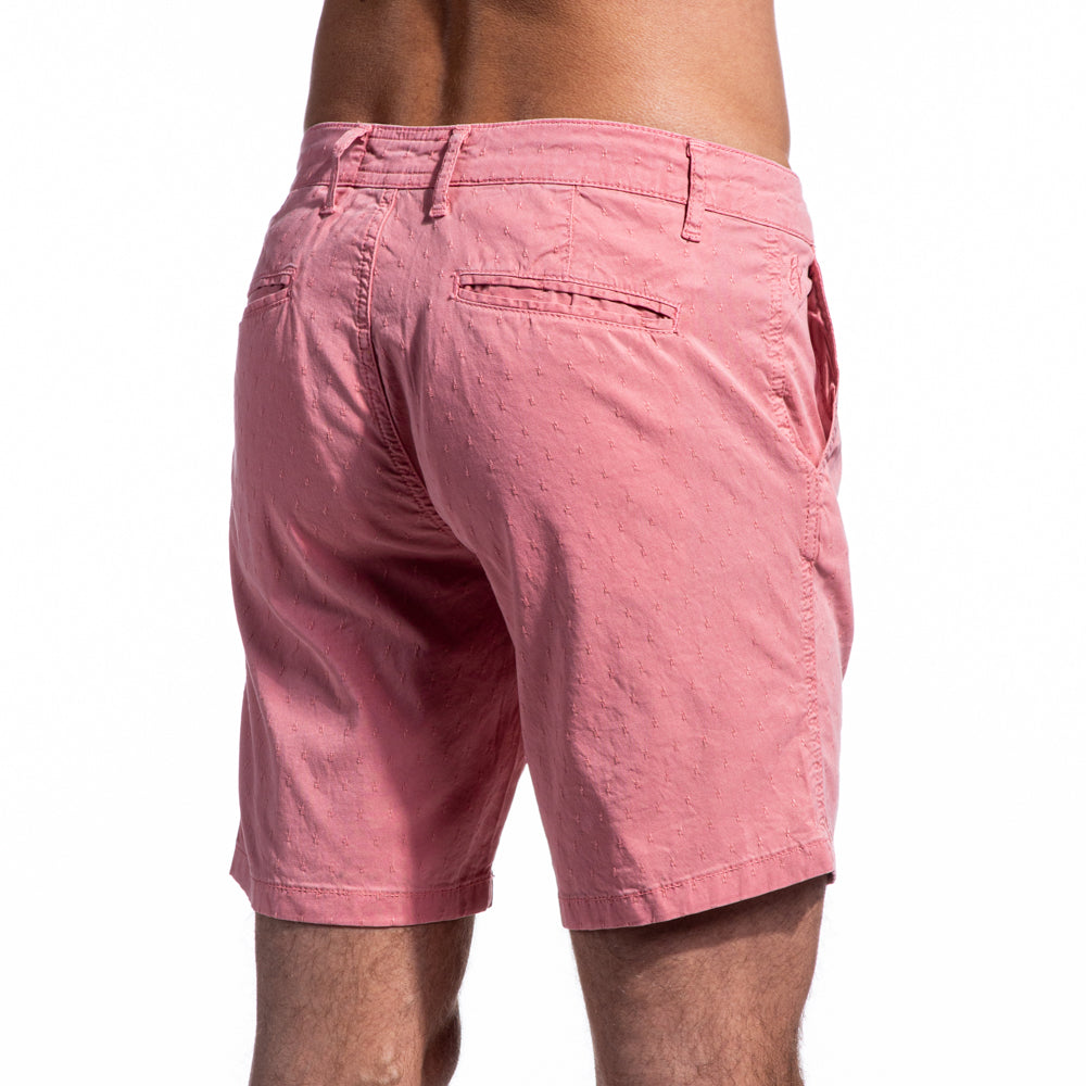 Pink, Slim Fit Shorts on Model, Back Angle View Showing Pockets