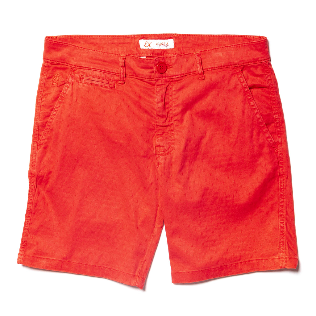 red textured jacquard shorts with front welt pocket
