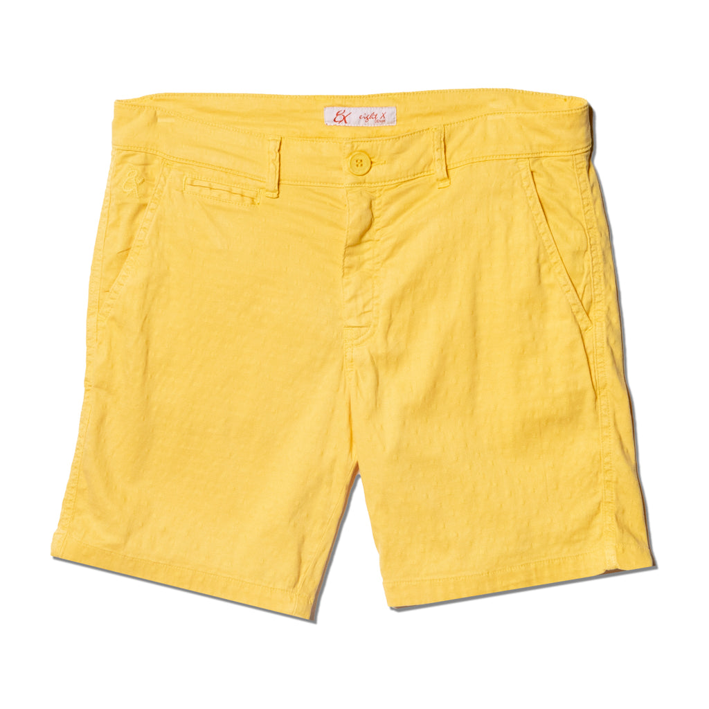 Yellow textured jacquard shorts with front welt pocket