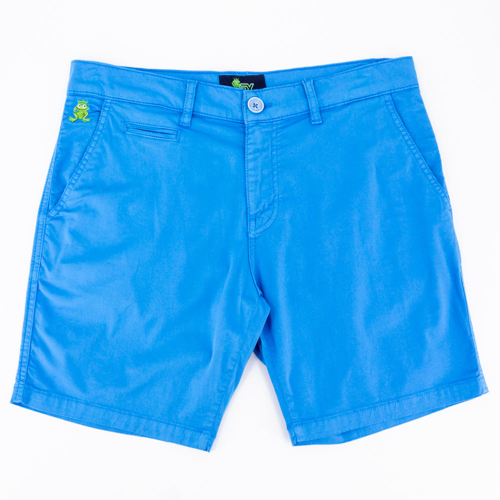 Flat-lay of bright-blue shorts with two front pockets; one welt pocket; and green embroidered frog mascot on right front-pocket.