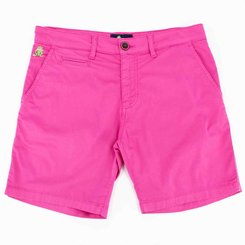 Flat-lay of fuchsia chino shorts with two front pockets; one welt pocket; and green embroidered frog mascot on right front-pocket.
