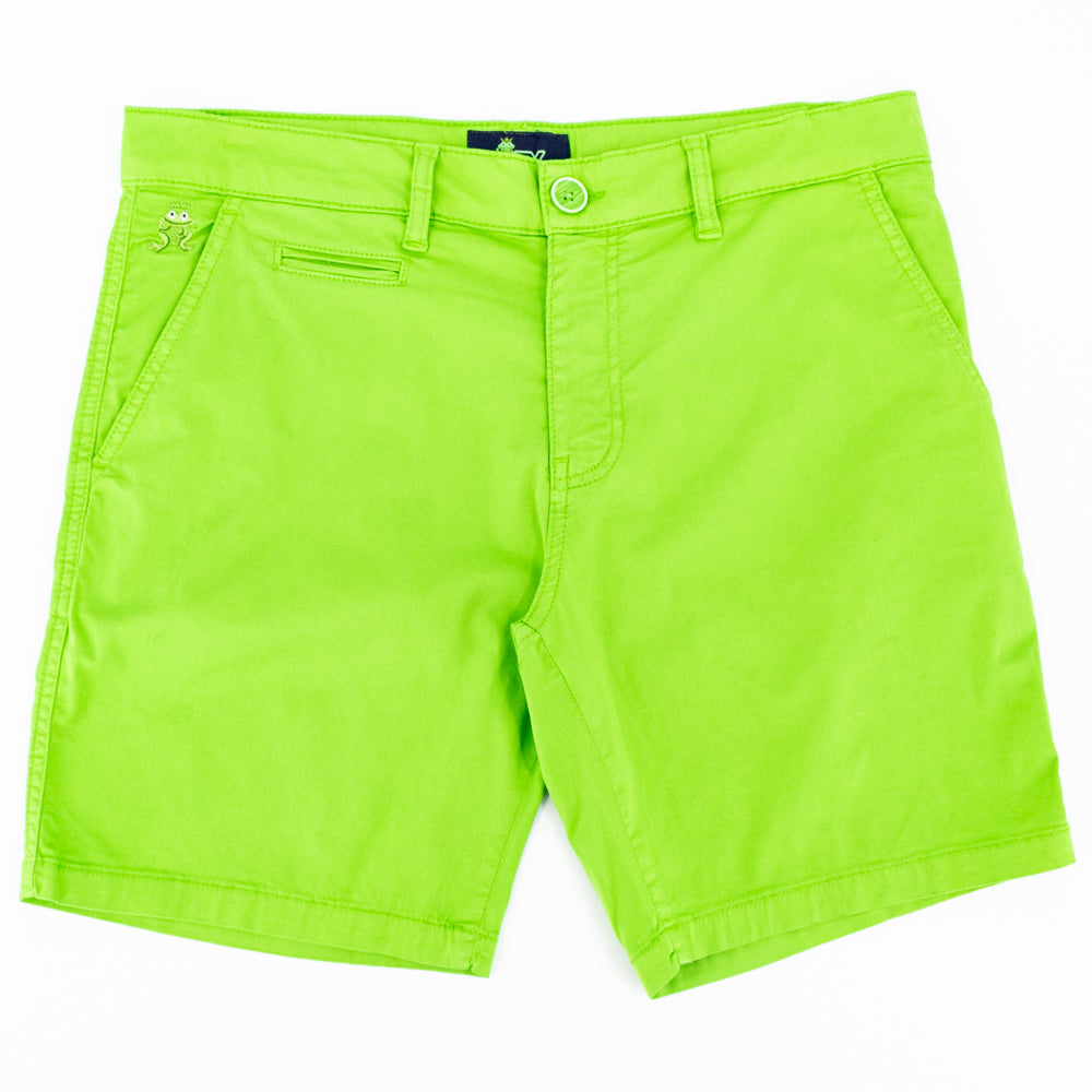 Flat-lay of bright green shorts with two front pockets; one welt pocket; and green embroidered frog mascot on right front-pocket.