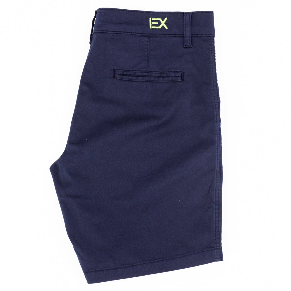 Folded Navy Blue, Slim Fit Chino Shorts. Welted Pocket View.