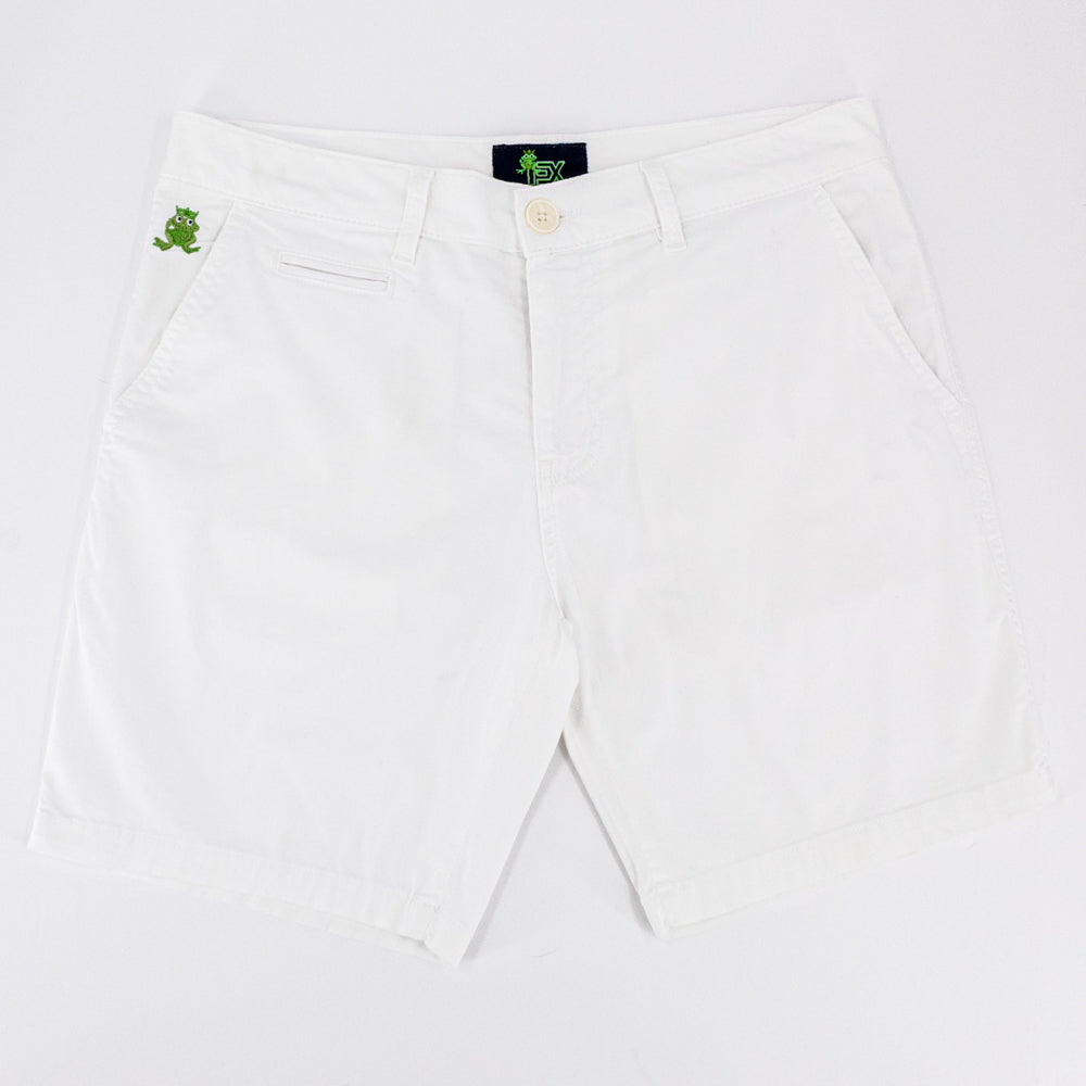 Flat-lay of white shorts with two front pockets; one welt pocket; and green embroidered frog mascot on right front-pocket.