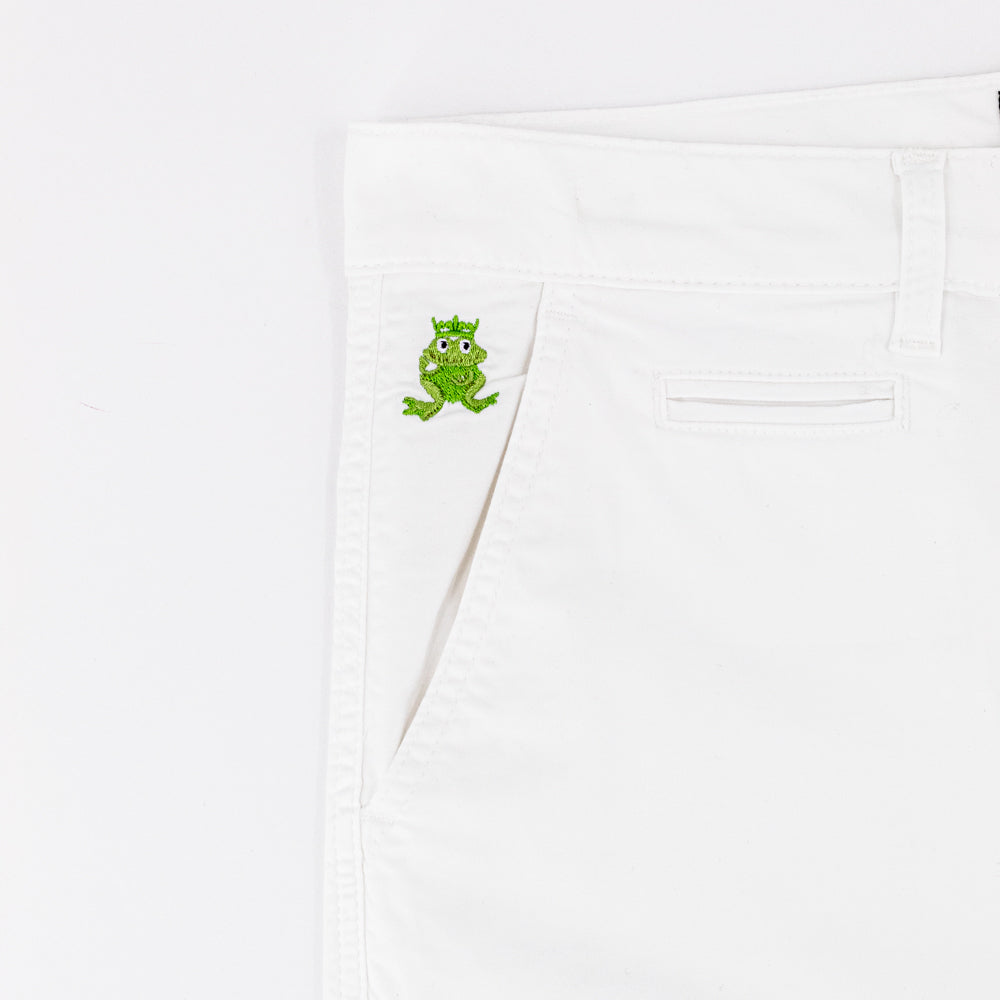 Detail of green embroidered frog mascot on right front-pocket.