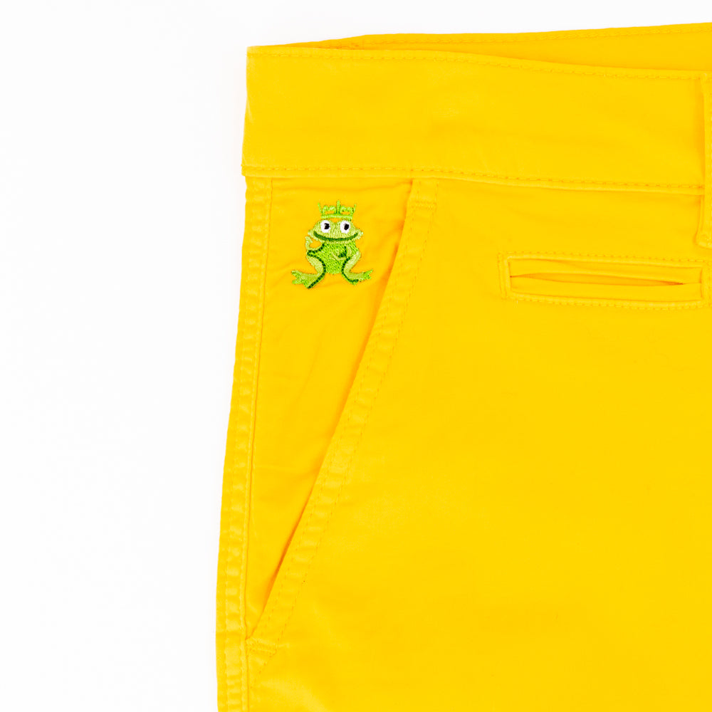 Detail of green embroidered frog mascot on right front-pocket.