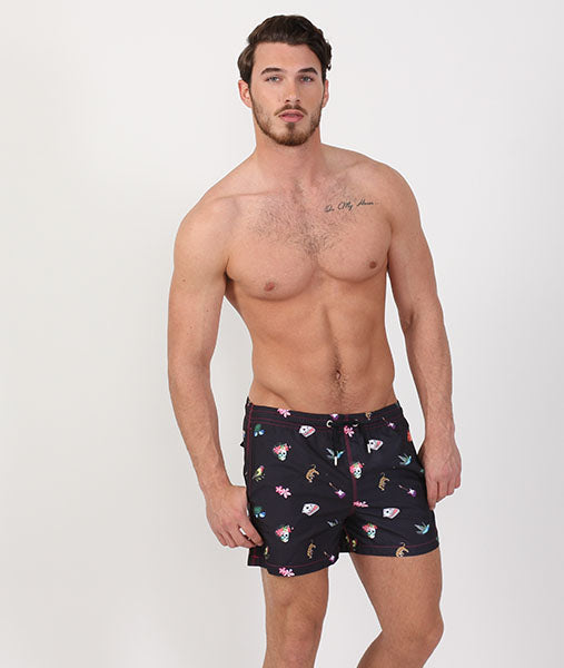 Men's navy blue urban jungle print swim trunks