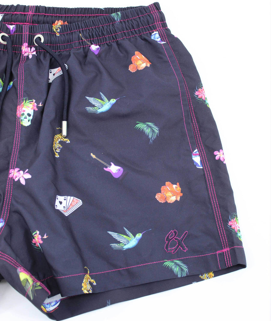 Men's navy blue urban jungle print swim trunks