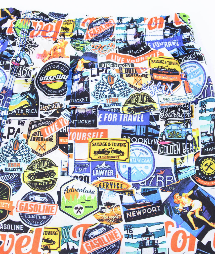 Men's white swim trunks with color American Road trip print