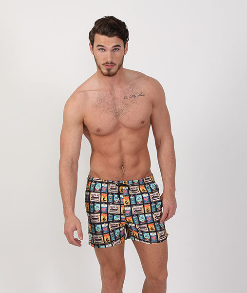Men's black swim trunks with colorful mechanic prints