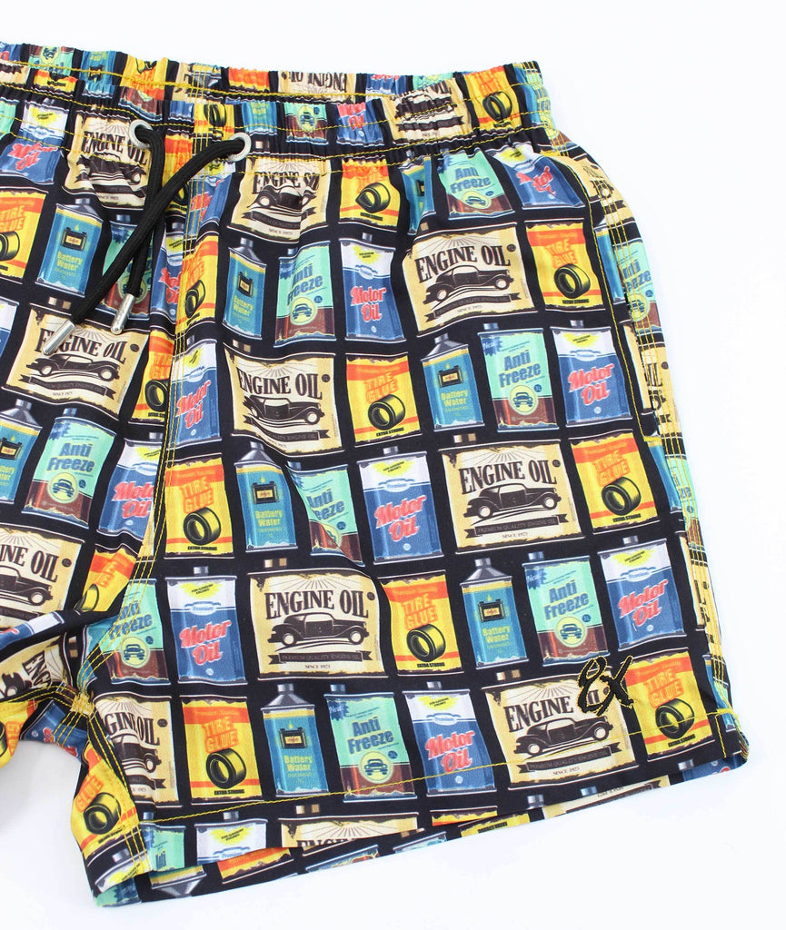 Men's black swim trunks with colorful mechanic prints