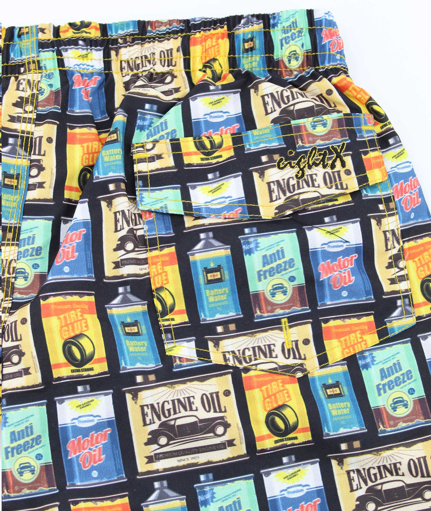 Men's black swim trunks with colorful mechanic prints