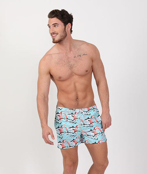 Men's aqua swim trunks with shark print
