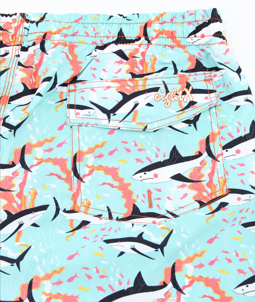Men's aqua swim trunks with shark print