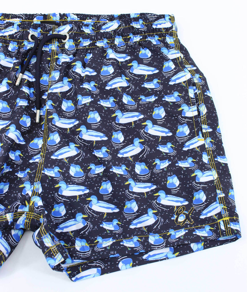 Men's navy swim trunks with duck print design