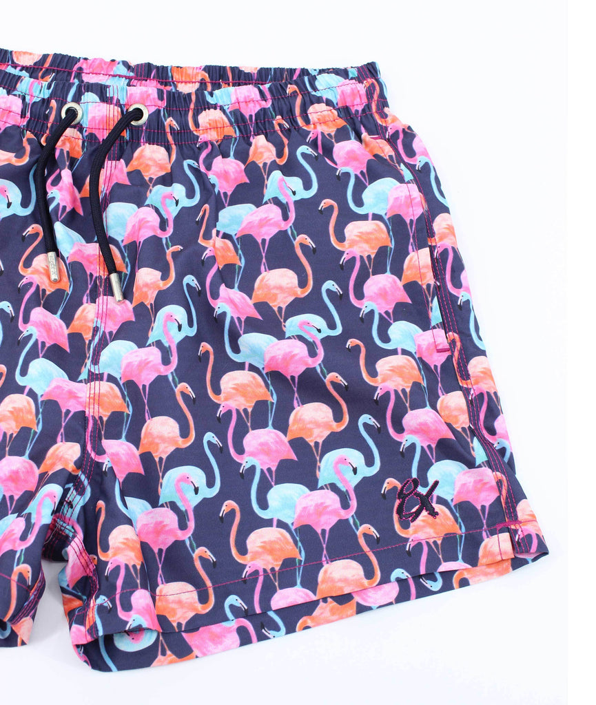 Men's navy blue swim trunks with flamingo print design
