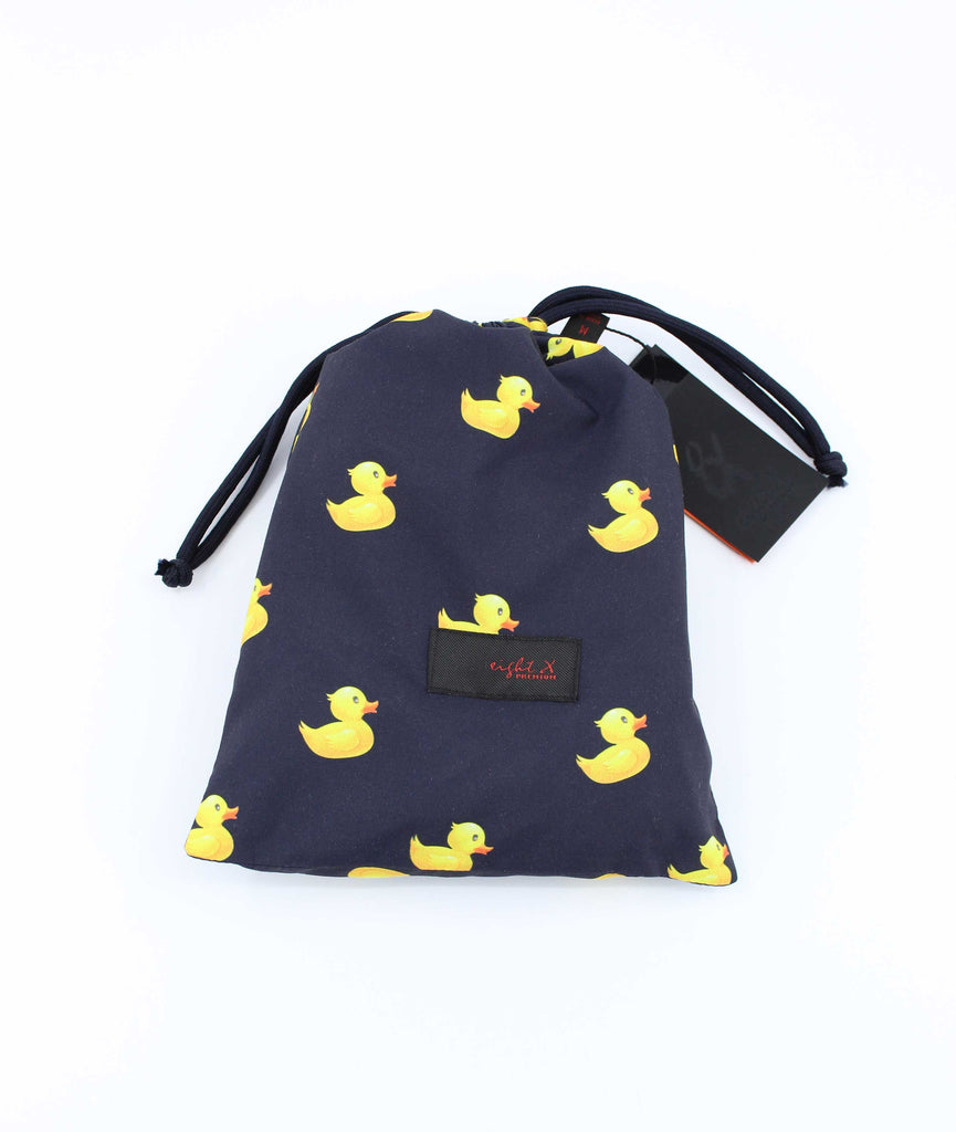 Men's navy blue swim trunks with yellow rubber duckie print